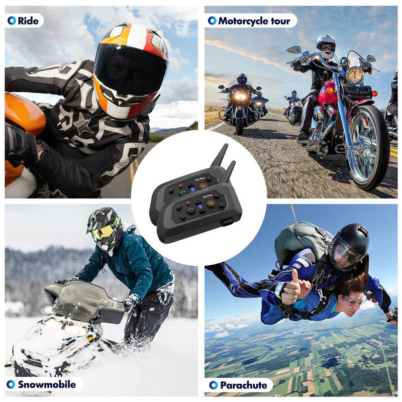 V6 PLUS Motorcycle Bluetooth Headset - Waterproof for 6 Riders - 1200m Range - Communicator, MP3 Player - 850mAh Battery