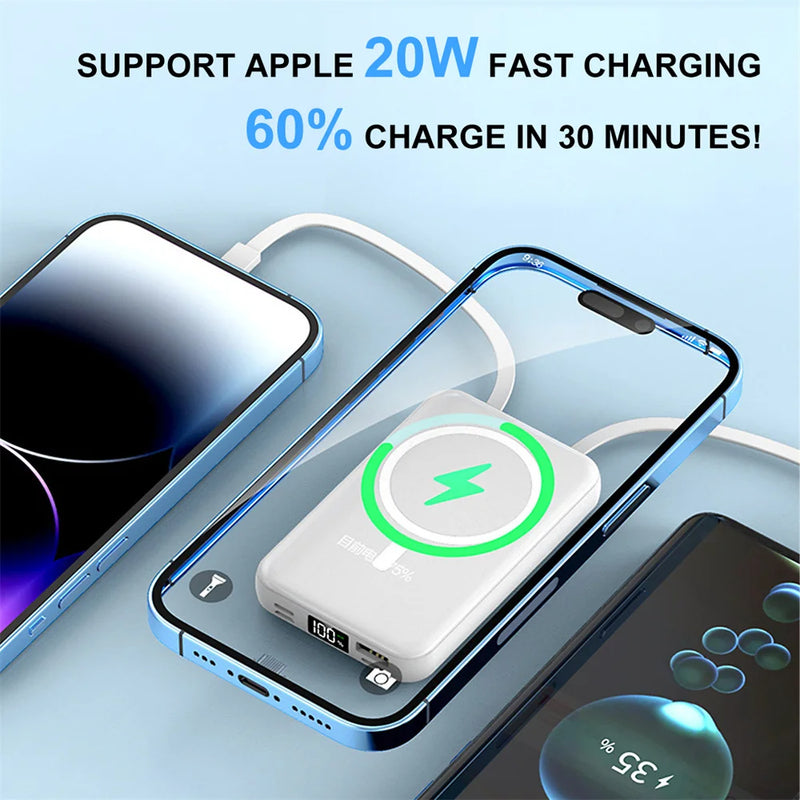 Power Bank Portable Charger 10000mAh 15W Wireless Fast Charger - Universal Built-in Cable Mobile Power