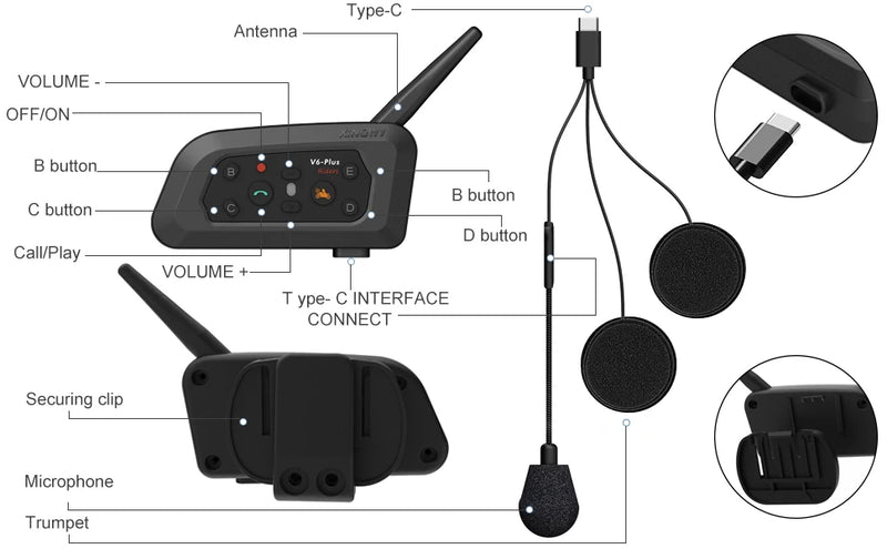 V6 PLUS Motorcycle Bluetooth Headset - Waterproof for 6 Riders - 1200m Range - Communicator, MP3 Player - 850mAh Battery