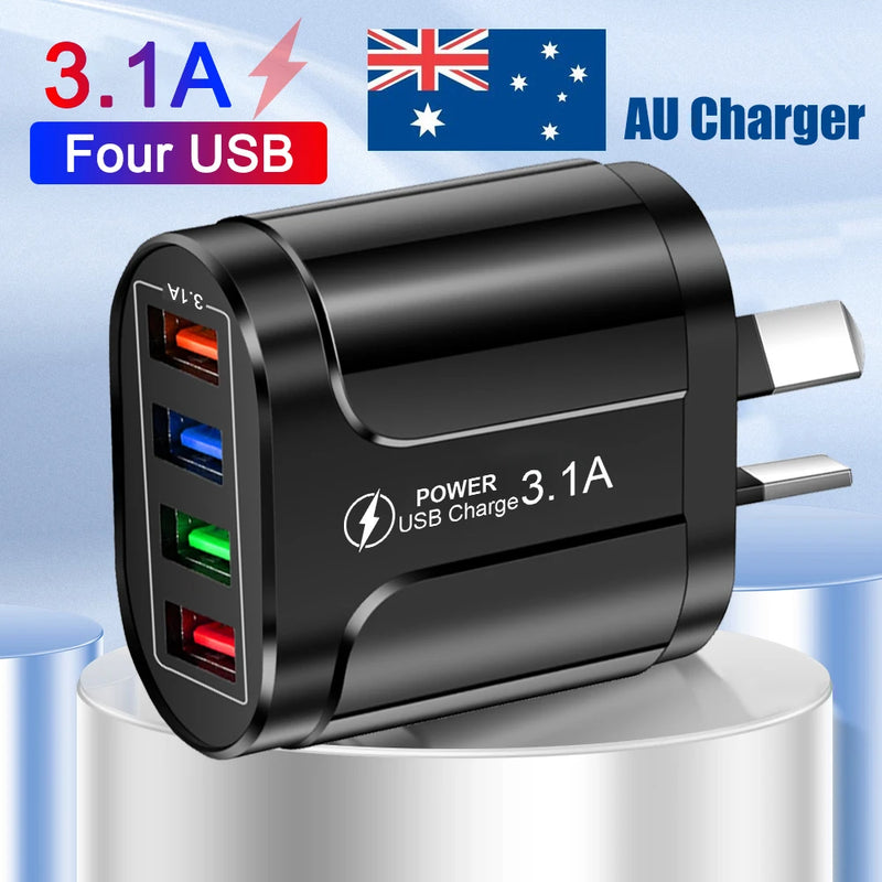 USB Fast Charger AU Plug - 4-Port 3.1A Quick Mobile Charger & Travel Adapter