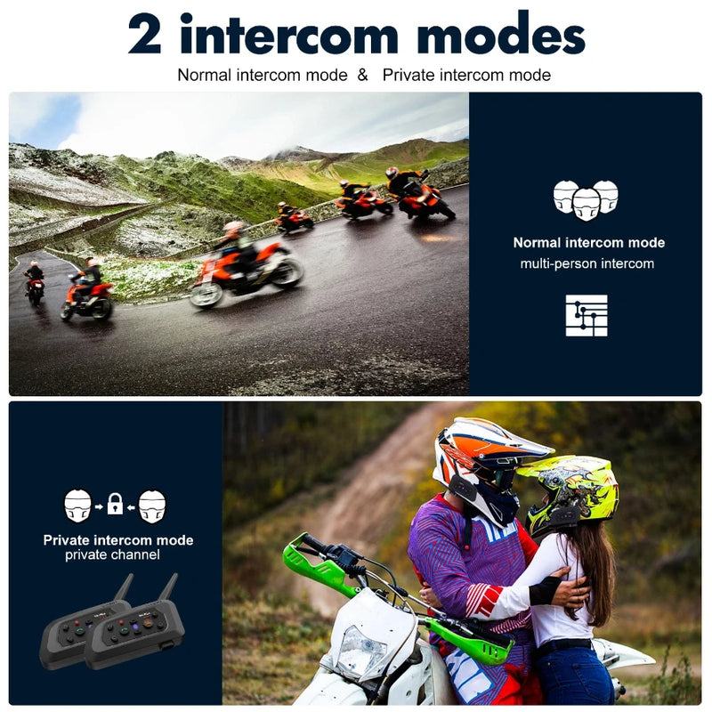 V6 PLUS Motorcycle Bluetooth Headset - Waterproof for 6 Riders - 1200m Range - Communicator, MP3 Player - 850mAh Battery