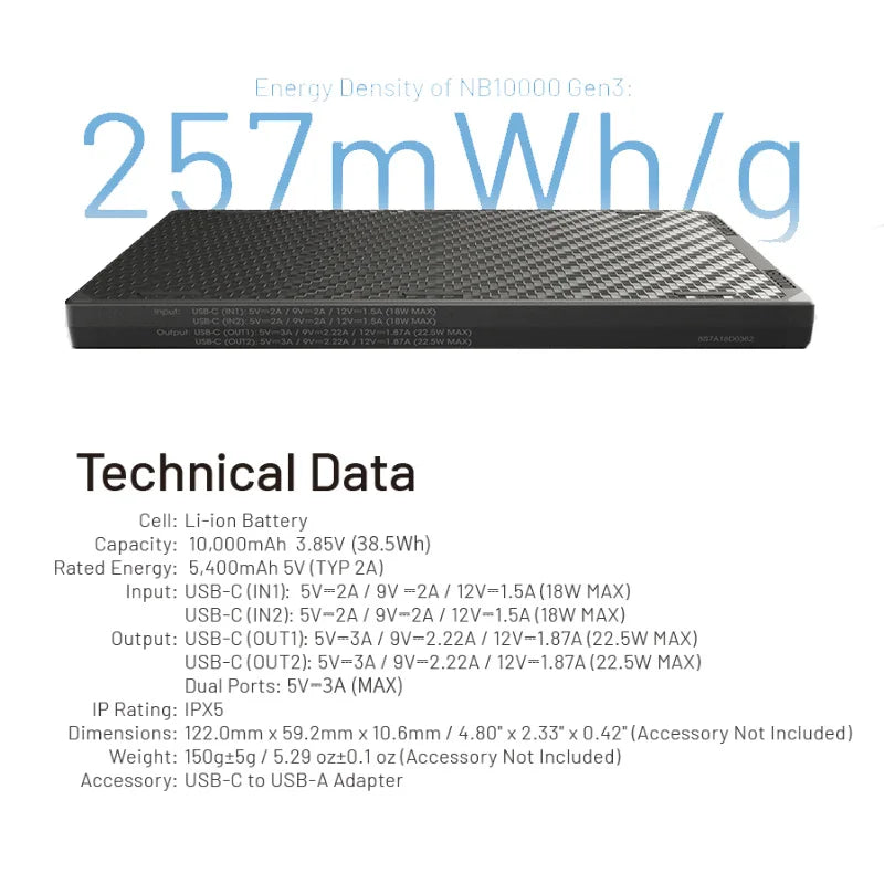 N.B-10000 Ge-n3 Ultra Lightweight Carbon Fiber Power Bank 10000mAh Mobile Powerbank Dual USB-C 18W 22.5W Fast Charge