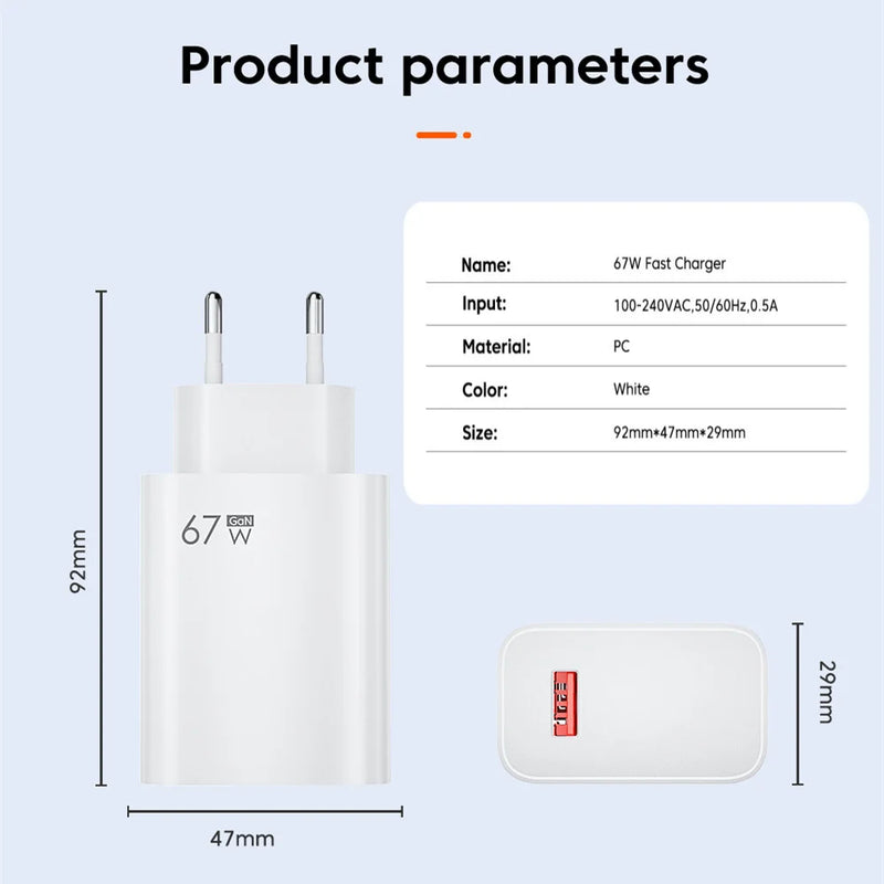 67W USB GaN Charger Quick Charge3.0 Phone Adapter EU/US Plug For Fast Charging