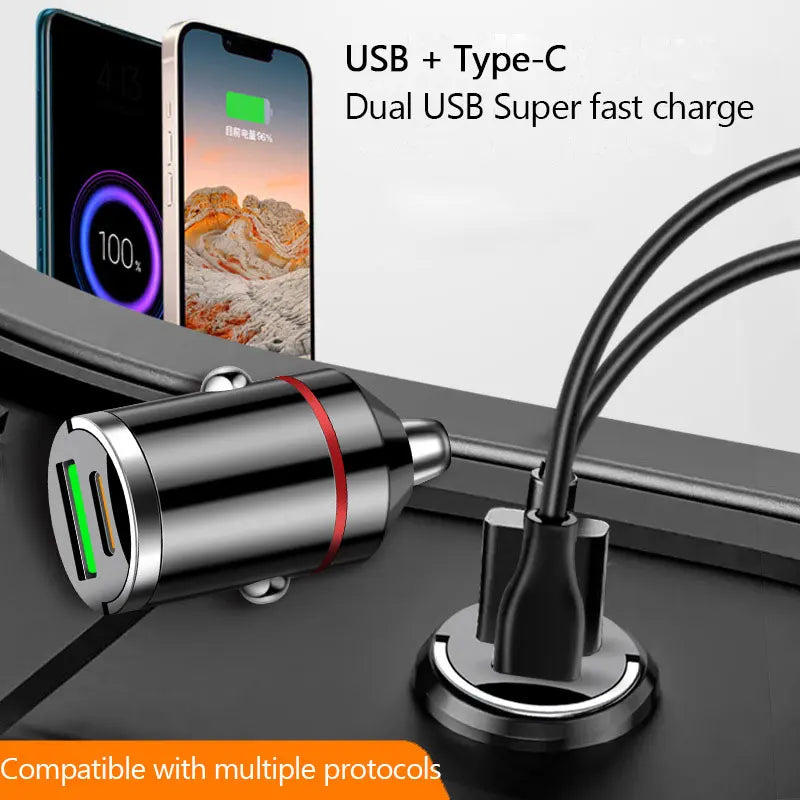 100W Dual Ports Mini USB Car Charger Super Fast Charging  Phone Charge Adapter Cigarette Socket Lighter 12-24V