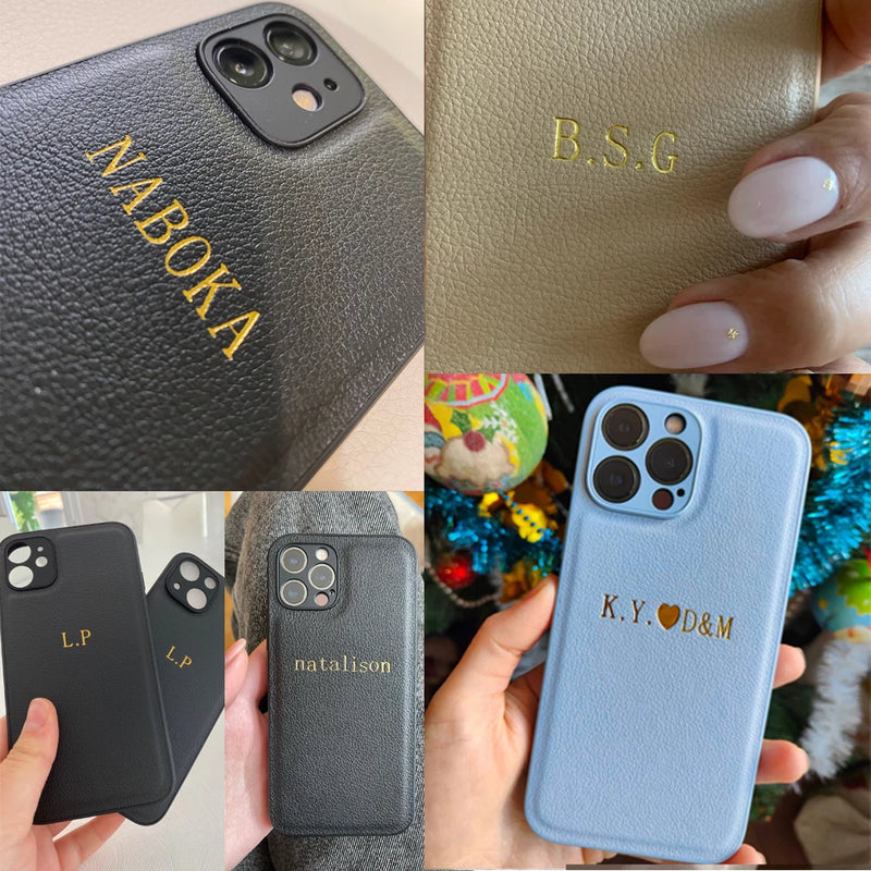 Custom Name i-Phone Case: 16 15 14 13 12 11 Pro Max, Initials Leather DIY Cover