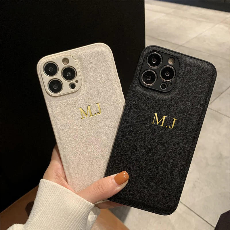 Custom Name i-Phone Case: 16 15 14 13 12 11 Pro Max, Initials Leather DIY Cover